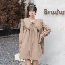 RM26482#韩版小清新宽松型荷叶边娃娃领长袖甜美衬衫裙
