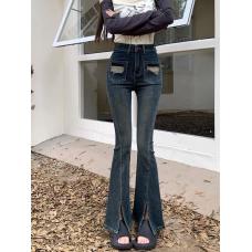 RM26502#小个子显高百搭秋季高腰设计感开叉修身微喇叭牛仔裤女长裤