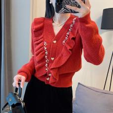 RM26525#法式设计感荷叶边红色毛衣女洋气短款针织衫甜美重工镶钻上衣秋...