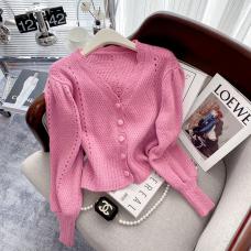 RM26529#新款法式泡泡袖毛衣女2023设计感花边v领镂空气质上衣