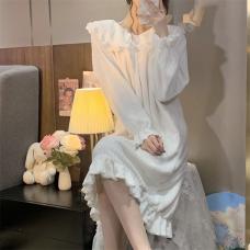 RM26571#韩版娃娃领花边中长裙睡衣