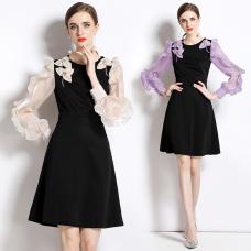 RM26716#女装新款圆领温柔风甜美洋气设计感修身荷叶边小个子连衣裙子