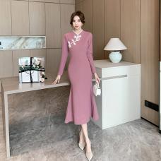 RM26899#设计感气质收腰显瘦高级水晶扣女人味优雅时尚连衣裙