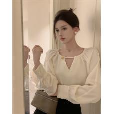 RM26964#法式白色长袖缎面衬衣女秋季设计感别致气质显瘦上衣