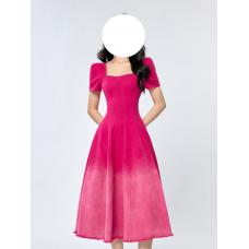 RM27011#渐变色短袖收腰连衣裙女夏装时尚减龄裙子法式高级感长裙