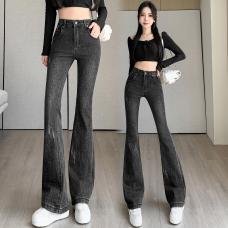 RM27139#显瘦天花板黑灰色超模牛仔裤2.0版女秋冬新款修身显瘦微喇裤