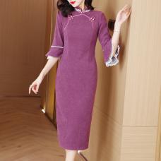 RM27382#紫色旗袍2023年新款改良年轻款气质高端喇叭袖晚礼服女秋季...