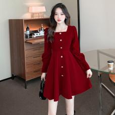 RM27452#新款秋装气质女神范法式丝绒赫本风小个子红色连衣裙女
