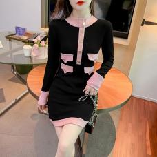 RM27505#时尚新款撞色小香风针织连衣裙甜辣气质打底包臀裙