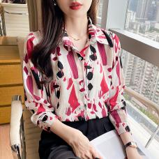 RM27558#新款韩版气质设计感时尚减龄印花长袖衬衫