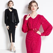 RM28025#新款蕾丝高级感立体花装饰收腰修身包臀法式长裙里布加绒