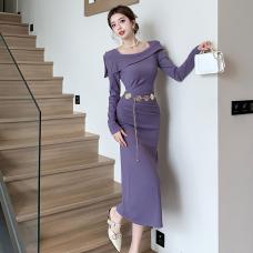 RM28119#新款设计感一字肩长袖气质小众优雅连衣裙时尚显瘦长裙简约女