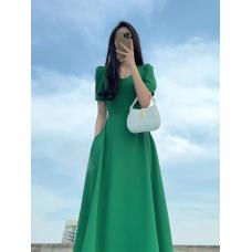 RY1961#法式轻奢高端设计感绿色长裙子夏季小众独特气质显瘦a字连衣裙女