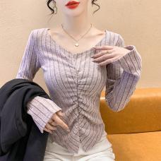 RM28361#新款韩版时尚气质V领褶皱拉链设计修身长袖上衣女