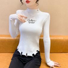 RM28362#新款韩版时尚半高领刺绣破洞边弧形长袖上衣女