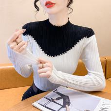 RM28363#韩风拼色珍珠修身针织高领打底衫女设计感小众内搭毛衣女