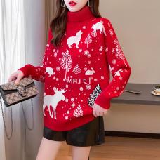 RM28389#圣诞新年红宽松慵懒风红色减龄高领毛衣