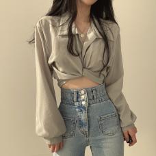 RY1968#韩国chic春季法式小众设计感后背系带蝴蝶结露肚脐短款衬衫上...