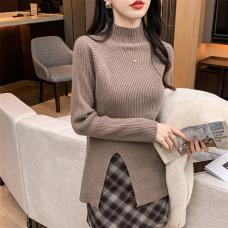 RM28457#新款纯色羊毛开衩外套女圆领毛衣女针织打底衫外套