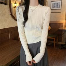 RM28506#韩版修身圆领纯色别致设计感安迪绒针织打底女毛衣