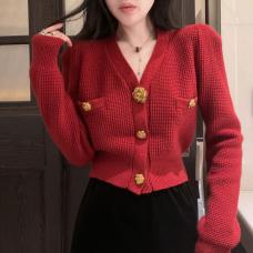 RM28537#小香风法式红色毛衣秋冬加厚金丝高级感针织开衫外套短款泡泡袖