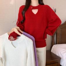 RM28652#韩系温柔V领红毛衣女秋冬新款设计感挂脖小众针织亮晶晶上衣
