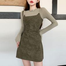 RM28822#新款韩版修身辣妹麂皮吊带皮裙+针织打底衫套装