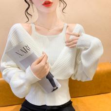 RM26543#白色v领长袖短款针织衫女春秋款设计感小众外搭外穿毛衣上衣秋季