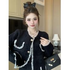 RM26545#韩系名媛黑色小香风套装冬高级水貂绒外套蕾丝边短裙两件套