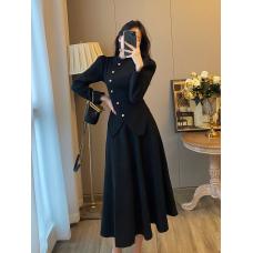 RM26610#小香风气质两件套装女秋装新款洋气法式复古赫本风黑色连衣裙长裙