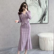 RM26746#新款法式V领女神磨毛蕾丝修身显瘦长款鱼尾摆套装裙