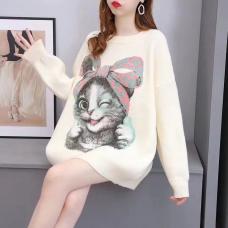 RM26916#大码女装胖mm2023年秋冬新款韩版爆款猫咪卡通外穿中长款毛衣外套