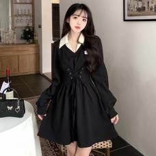 RM27370#甜酷小黑裙女大码2024年秋季新款绑带收腰显瘦POLO领假两件连衣裙