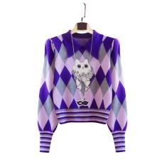 RM27387#复古时尚卡通刺绣娃娃领针织衫女菱形洋气撞紫色毛衣秋冬显瘦上衣