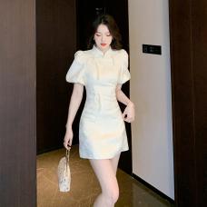 RM27442#新中式女装2023新款清冷禅意风白色改良旗袍高端国风盘扣连衣裙女