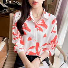RM27556#新款韩国宽松百搭法式设计感长袖气质印花衬衫