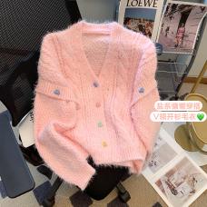 RM27919#奶fufu粉色麻花毛衣外套女秋冬新款针织开衫显瘦甜美减龄上衣