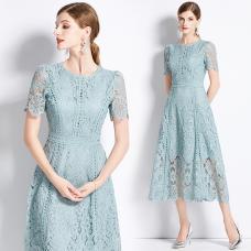 RM28041#小众复古高级感圆领荷叶袖蕾丝连衣裙女夏季新款显瘦气质优雅长裙