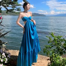 RM28414#泰国海边度假沙滩裙挂脖露背吊带连衣裙气质波西米亚长裙