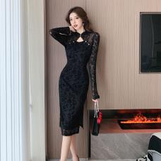 RM28975#新中式国风2023秋季气质高端复古性感蕾丝长袖改良旗袍连衣裙