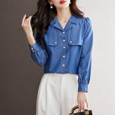 RM29150#法式蓝色牛仔衬衫女2024春装新款港味复古气质高级感小衫