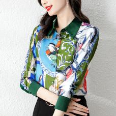 RM29159#新款欧货缎面长袖撞色印花衬衫女设计感小众高端上衣