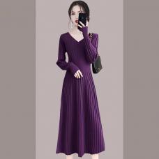 RM29213#新款女装修身显瘦毛衣针织连衣裙气质紫色裙子搭