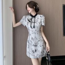 RM29234#夏季新款设计感水墨印花新中式改良旗袍气质连衣裙