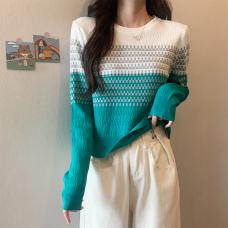 RM29246#新款韩版设计感长袖圆领套头条纹针织衫上衣女