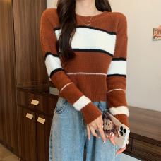 RM29249#新款韩版设计感仿水貂绒条纹圆领针织衫毛衣女