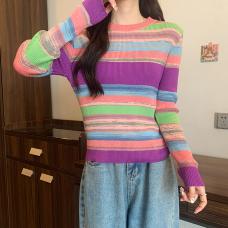 RM29254#新款韩版设计感圆领条纹打底衫上衣针织衫女