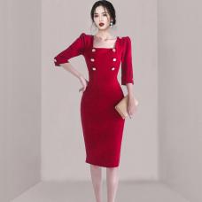 RM29259#新款韩版时尚气质优雅显瘦圣诞红中长中袖包臀方领连衣裙