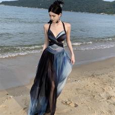 RM29276#蓝色系海洋度假风原创印花露背御姐连衣裙波西米亚长裙