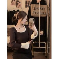 RM29281#韩版修身方领撞色水貂毛拼接喇叭袖针织衫毛衣女